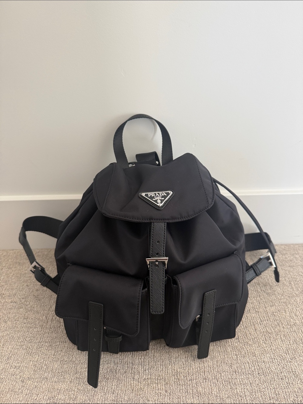 Prada Black Nylon Drawstring Backpack with Front Flap